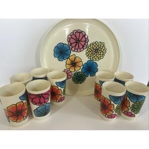 Vintage 1969 Floral Serveware Set with Tray and Cups Deka Plastics